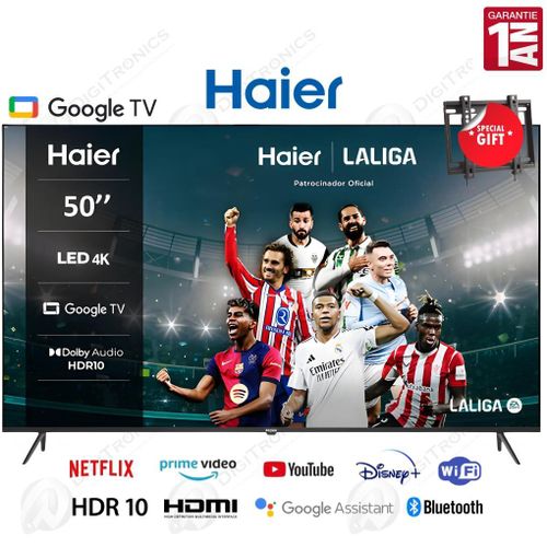 Haier 50 4K UHD Smart Tv, Google TV, HDR10, HDMI, Bluetooth + Support Gratuit – H50K800UX
 Fiche Technique et Prix au Maroc
