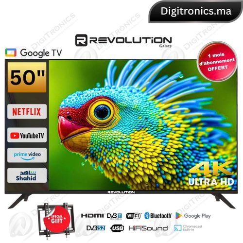REVOLUTION 50 Smart Tv 4K Ultra HD Google Tv, Wi-Fi & Bluetooth, 1 an d&rsquo;abonnement gratuit, PACK50
 Fiche Technique et Prix au Maroc
