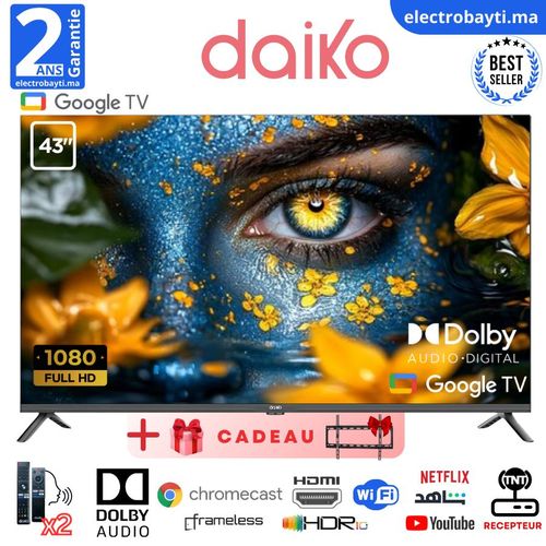 Daiko Google TV 43” –Bezeless Google TV, Dolby Audio, Chromecast, Bluetooth, HDR10 – GLED43H94DK
 Fiche Technique et Prix au Maroc