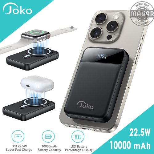 Joko Power Bank Magnétique Sans fil 22.5W 10000mAh, Pour iPhone 12/13/14/15 Pro, Charge rapide Magsafe
 Fiche Technique et Prix au Maroc
