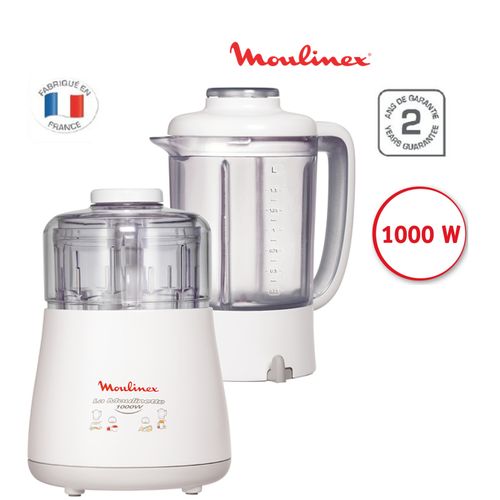 Moulinex Moulinette DPA241 + Blender 1,5L - 1000W - 300g, système 1-2-3, blanc
 Fiche Technique et Prix au Maroc