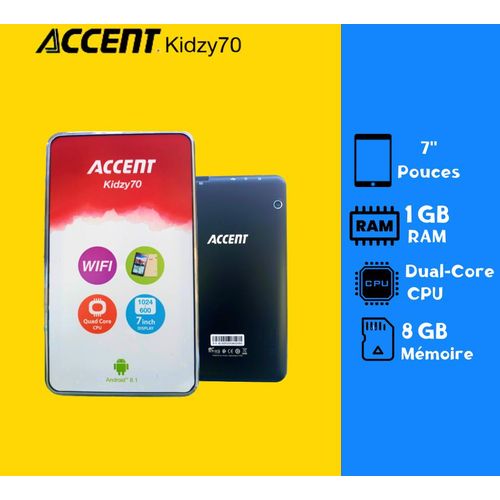 Accent tablette android enfants Kidzy70 7" pouce seulement wifi stockage 8GB ram 1GB+pochette+touch pen-Black
 Fiche Technique et Prix au Maroc