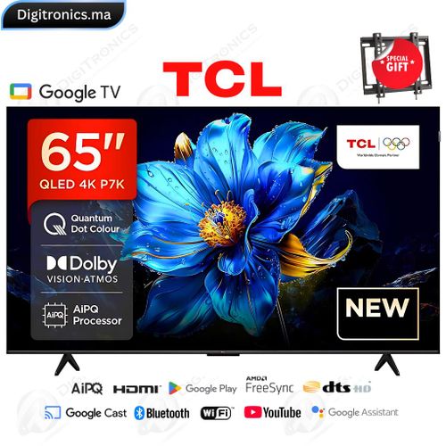 TCL 65 QLED 4K UHD Smart Google Tv HDR10+, Dolby Vision, 65P7K + Support Gratuit
 Fiche Technique et Prix au Maroc