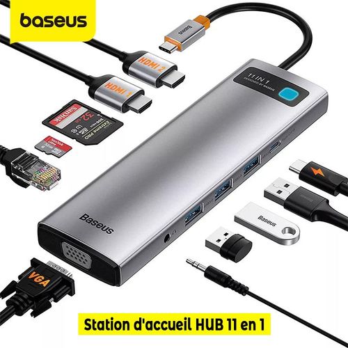 Baseus Hub 11 en 1, USB-C vers 3x USB 3.0 + 2x HDMI + USB-C PD + Ethernet RJ45 + microSD/SD + VGA + AUX
 Fiche Technique et Prix au Maroc