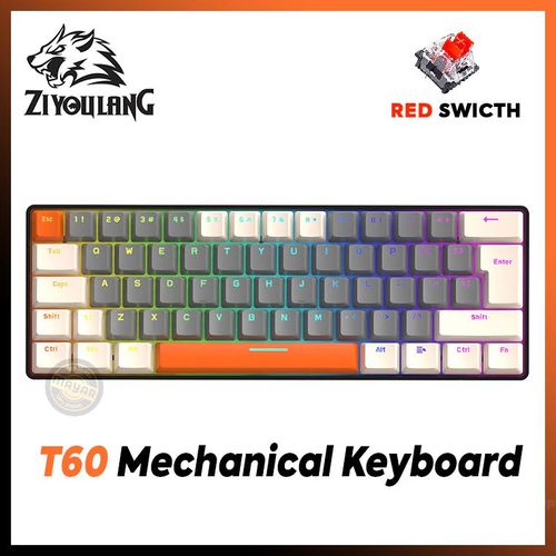 ZIYOU LANG Clavier Gaming Mécanique T60 lumineuse RGB – Format 60 % – 62 Touches – Red Switch anti-ghosting 
 Fiche Technique et Prix au Maroc