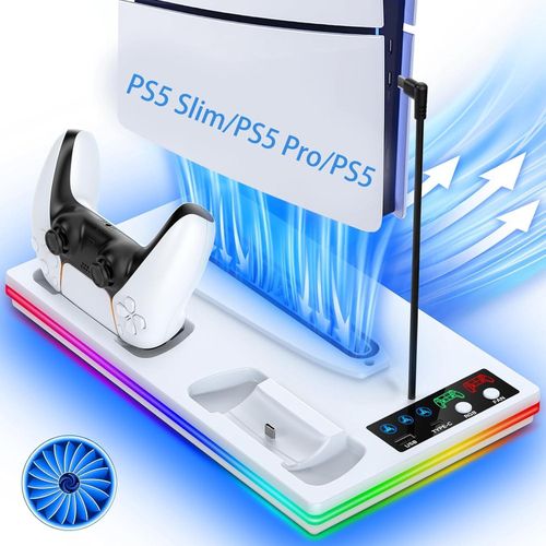 Support PS5 Slim et Pro RGB, Chargeur Manette PS5 PlayStation 5 + Ventilateur + Port USB et Type C
 Fiche Technique et Prix au Maroc