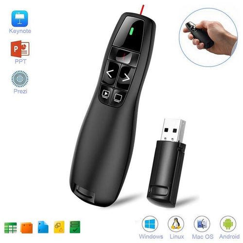 Présentateur sans fil 2.4 GHz, pointeur de présentation, changeur de diapositives, télécommande, stylo, contrôleur PPT avec clip, 2,4 GHz, pour ordinateur portable et fenêtre
 Fiche Technique et Prix au Maroc