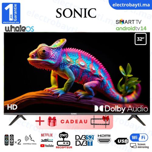 Sonic 32 Smart TV - Frameless HD - Récepteur Intégré HDMI + Support Mural
 Fiche Technique et Prix au Maroc