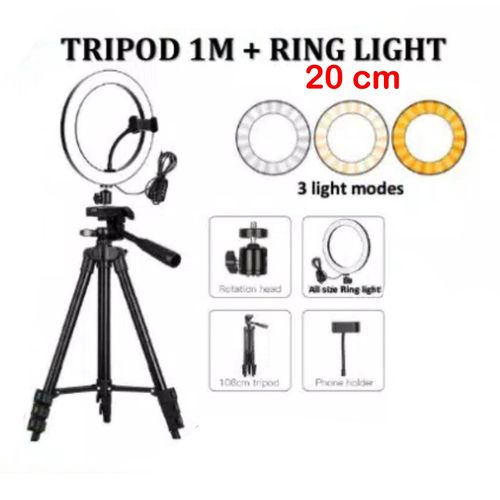 Ring Light 20cm + Trepied Noir Tripod Studio photo RingLight 3 Lumiere
 Fiche Technique et Prix au Maroc