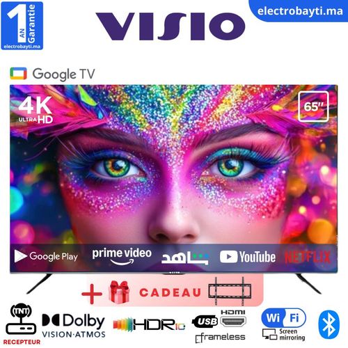 Visio TV intelligente 65” UHD 4K Assistant Google Bluetooth HDR 10 HLG Dolby Vision + Support mural
 Fiche Technique et Prix au Maroc
