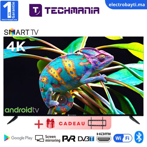 Techmania 50 Smart TV Android 4K UHD Récepteur intégré + Support Mural
 Fiche Technique et Prix au Maroc