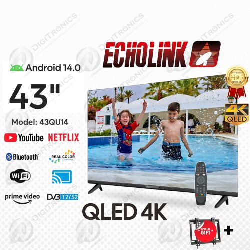 Echolink 43 QLED smart tv 4K Android 14, Wi-Fi, Bluetooth, DVB-T2/S2 + Support 
 Fiche Technique et Prix au Maroc