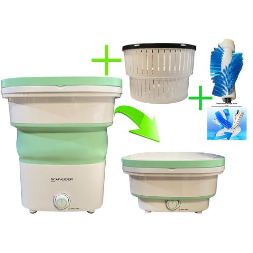 Schneider Mini machine à laver pliable portable de haute qualité 1,8kg + Panier d'essorage + brosse pour chaussure , couleur vert
 Fiche Technique et Prix au Maroc