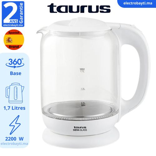 Taurus Bouilloire en Verre Siena Glass 2200 W, 1,7L acier inoxydable - 2 ans de garantie
 Fiche Technique et Prix au Maroc