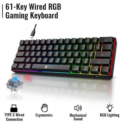 R8 Mini clavier mécanique pro rétroéclairage LED RGB BLEU SWITCH, 61 keys GAMING avec interface type-c, Clavier de jeu rétro-éclairé
 Fiche Technique et Prix au Maroc