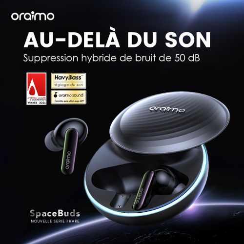 Oraimo SpaceBuds Ecouteurs à réduction de bruit ANC 50dB avec personnalisation des commandes vocales
 Fiche Technique et Prix au Maroc