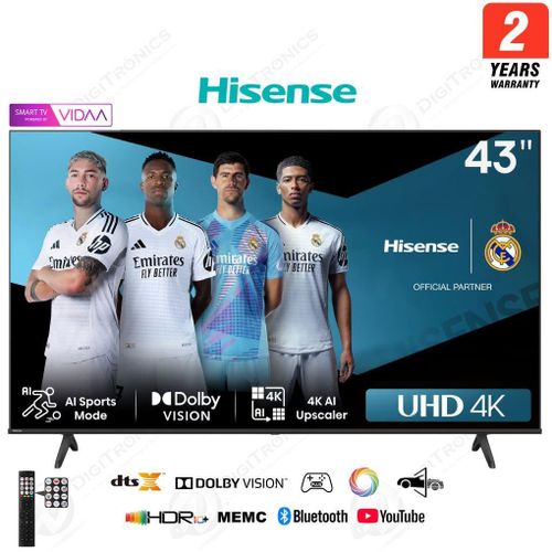 Hisense 43 Smart Tv 4K Ultra HD Système Vidaa Série A6N Dolby Vision, Durant 2 Ans Garantie, 43A6N
 Fiche Technique et Prix au Maroc