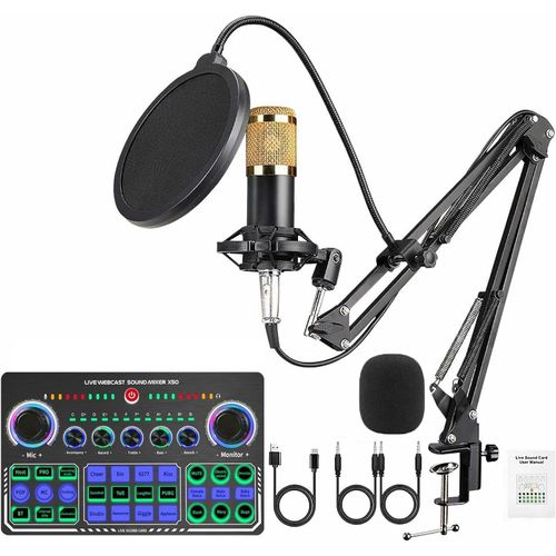 Pack d'équipement de podcast X50 avec interface audio, microphone de karaoké à condensateur BM800, support de micro et filtre micro pop, carte son RGB en direct avec effets de mixeur dj et mixeur audio à changement vocal noir
 Fiche Technique et Prix au Maroc