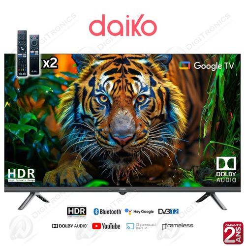 Daiko 32 HD Smart Google TV Frameless Bluetooth Dolby Audio HLG HDR, 2 ans garantie
 Fiche Technique et Prix au Maroc