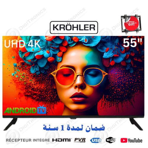 KRÖHLER 55 4K UHD Smart Android Tv Récepteur Intégré, TNT + HDMI + USB + Support gratuit
 Fiche Technique et Prix au Maroc