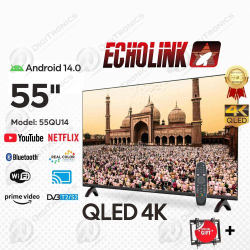 Echolink 55 QLED smart tv 4K Android 14, Wi-Fi, Bluetooth, DVB-T2/S2 + Support 
 Fiche Technique et Prix au Maroc