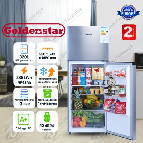 Golden Star Réfrigérateur Semi No Frost 320L Refroidissement Rapide, 2 ans garantie, DP320-2232 Inox Inside
 Fiche Technique et Prix au Maroc