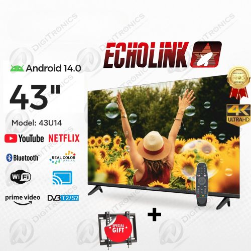 Echolink 43 4K Ultra HD Smart Tv Android 14, Wi-Fi, Bluetooth, DVB-T2/S2 + Support
 Fiche Technique et Prix au Maroc