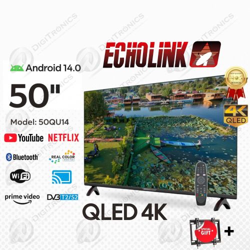 Echolink TV intelligente 50 QLED 4K Android 14, Wi-Fi, Bluetooth, DVB-T2/S2 + Support
 Fiche Technique et Prix au Maroc