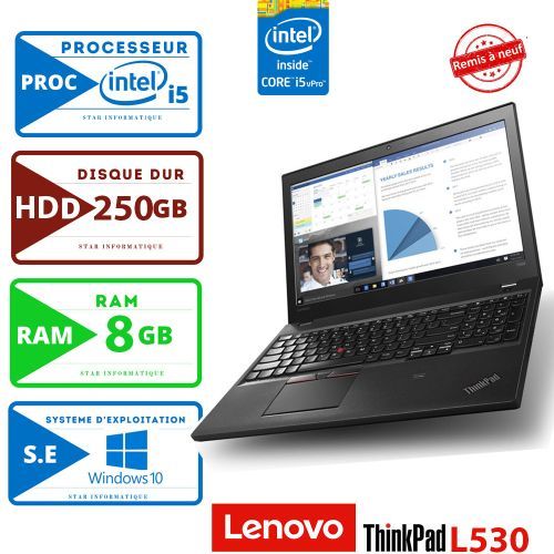 Lenovo PC PORTABLE THINKPAD L530-I5-8G-250Go-FULL HD-AZERTY-REMIS A NEUF
 Fiche Technique et Prix au Maroc