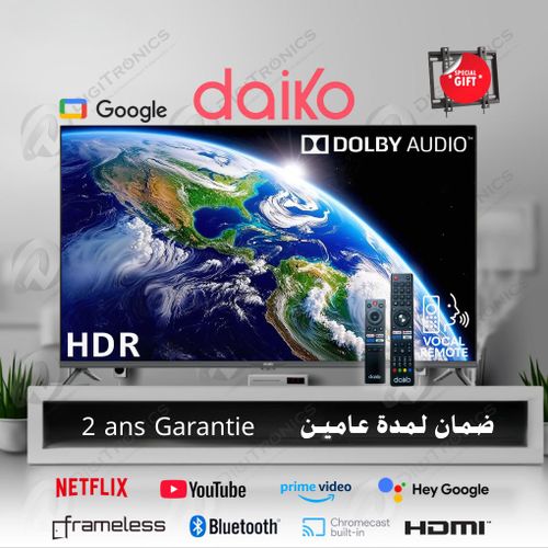 Daiko 32 Smart TV HD Google TV sans cadre Bluetooth Dolby Audio, HDR, 2 ans garantie + Support
 Fiche Technique et Prix au Maroc
