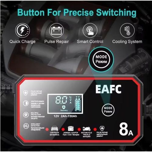 Chargeur de batterie de voiture intelligent, réparation d'impulsions, charge rapide, auto, moto, AGM, GEL, WET, plomb, acide, veFePO4, 12V, 8A
 Fiche Technique et Prix au Maroc