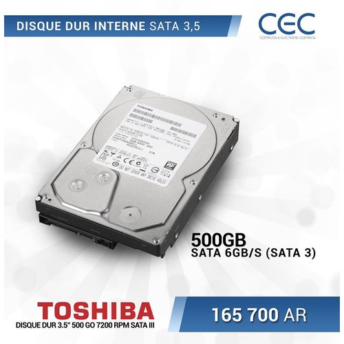 Toshiba 500 GB Disque Dur Interne SATA HDD 3.5" Pour PC Gamer , Bureau, DVR XVR
 Fiche Technique et Prix au Maroc