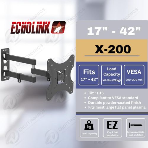 Echolink Support Mural Tv Mobile 17" à 42", VESA 200x200 mm, 22 kg, X-200
 Fiche Technique et Prix au Maroc
