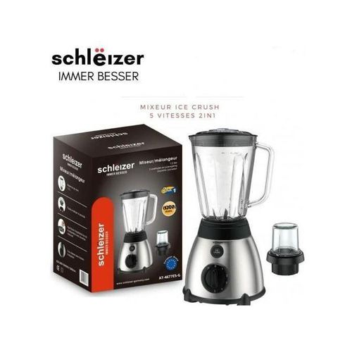 schlëizer Mixeur 600W blender 5 vitesse avec fonction Ice Crush, bol en verre 1,5L + moulin à épice
 Fiche Technique et Prix au Maroc