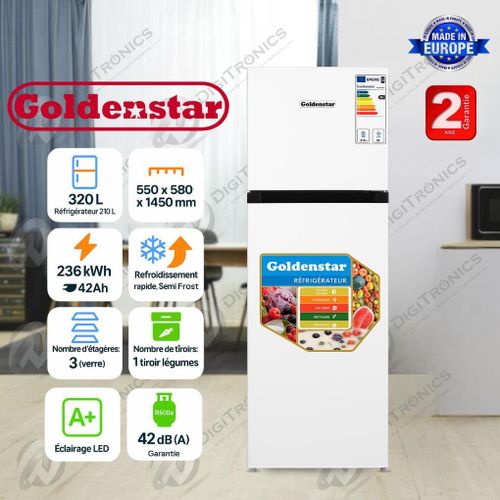 Golden Star Réfrigérateur Semi No Frost 320L Refroidissement Rapide, 2 ans garantie, DP320-2232 Blanc
 Fiche Technique et Prix au Maroc