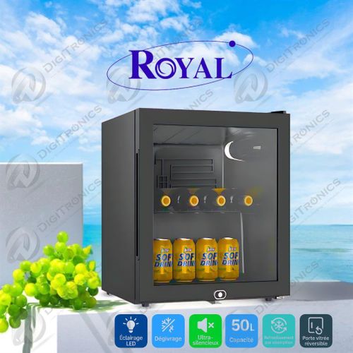 Royal Mini-Bar 50L Porte Vitrée Réversible, Silencieux, Éclairage LED, Fermeture à Clé, SC-50
 Fiche Technique et Prix au Maroc