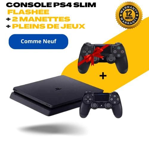 Sony PS4 Slim 1To Flashée + 2 Manettes + Listes des Jeux 2025 Préinstallé 
 Fiche Technique et Prix au Maroc