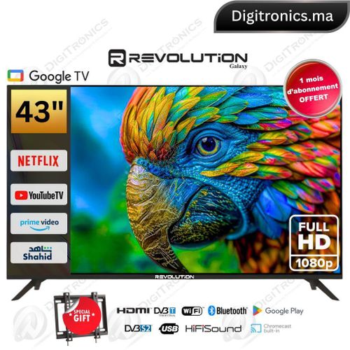 REVOLUTION Téléviseur intelligent 43 pouces Full HD Google TV, Wi-Fi & Bluetooth, 1 an d'abonnement gratuit, PACK43
 Fiche Technique et Prix au Maroc