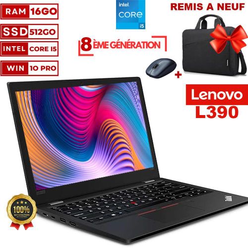 Lenovo Notebook ThinkPad L390 YOGA  i5–8250U- 8eme génération-16Go-512Go SSD- souris ET CARTABLE GRATUIT- GRATUIT-AZERTY-REMIS A NEUF
 Fiche Technique et Prix au Maroc