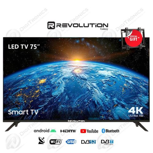 REVOLUTION Smart TV 75 Android Résolution 4K ultra HD, Récepteur Intégré + Support Mural
 Fiche Technique et Prix au Maroc