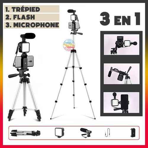 Kit Vlogging 3 en 1 avec Trépied Flexible, Microphone Antibruit et Lumière LED – Pour Smartphone, Appareil Photo et PC - Youtube, TikTok
 Fiche Technique et Prix au Maroc