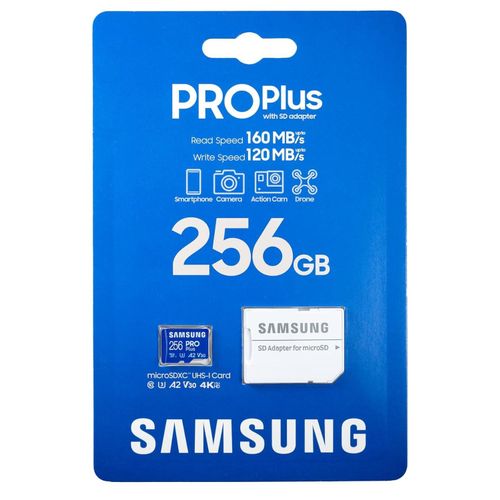 Samsung Carte mémoire 256G EVO Plus microSDXC™160MB/s UHS-I, U3, A2, V30, Full HD & 4K UHD Memory Card for Android Smartphones, Tablets, Go Pro and Drone
 Fiche Technique et Prix au Maroc