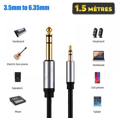 Câble audio JACK stéréo 3,5 mm mâle à 6,5 mm 1.5 Mètres pour casque, guitare, piano, amplificateurs
 Fiche Technique et Prix au Maroc