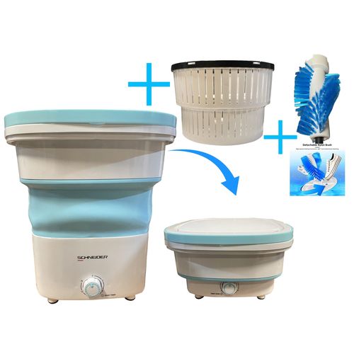 Schneider Mini machine à laver pliable portable de haute qualité 1,8kg + Panier d'essorage + brosse pour chaussure , couleur bleu
 Fiche Technique et Prix au Maroc