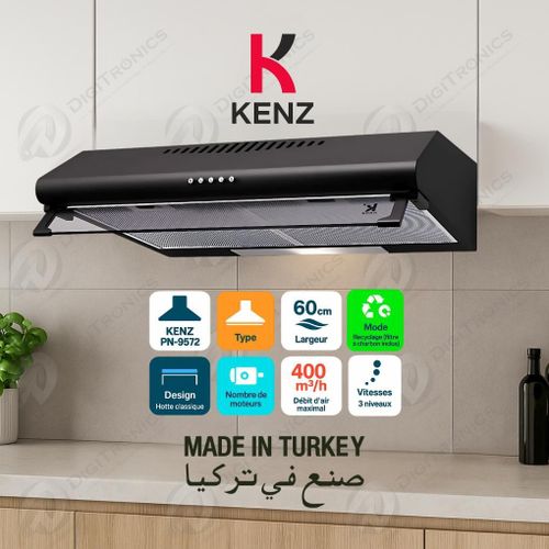 Kenz Hotte aspirante 60 cm, 1 moteur, filtre charbon, 3 vitesses, PN-9572
 Fiche Technique et Prix au Maroc