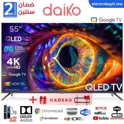 Daiko 55 Smart TV QLED Google TV, 4K UHD, HDR+, Audio Dolby, 120Hz, QLED55GU25DK
 Fiche Technique et Prix au Maroc