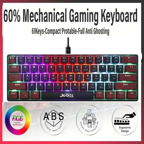 Jedel Mini clavier mécanique pro rétroéclairage LED RGB BLEU SWITCH, 61 keys GAMING avec interface type-c, Clavier de jeu rétro-éclairé KL-140 60% Clavier de jeu mécanique éclairage arc-en-ciel avec interrupteur à boisson bleu et toutes les touches anti-fantôme
 Fiche Technique et Prix au Maroc
