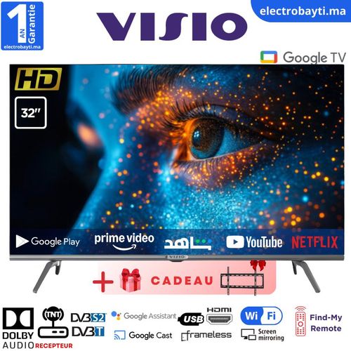 Visio 32 HD Smart Google TV Dolby Audio, Bluetooth & WiFi, Trouvez ma télécommande + Support Gratuit
 Fiche Technique et Prix au Maroc