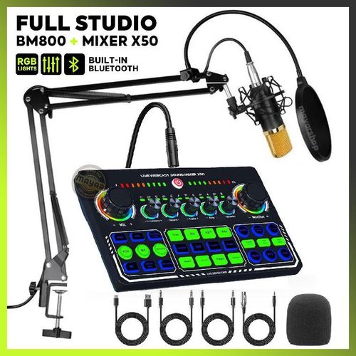 Microphone professionnel All In One Carte Son X50 Bluetooth RGB et Microphone BM800, condensateur, cardioïde, avec support et antichoc + anti-pop + pour gaming, streaming, studio, podcast
 Fiche Technique et Prix au Maroc