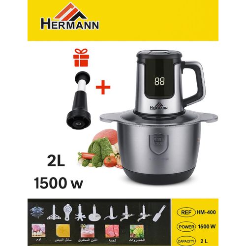 HERMANN Hachoir Électrique Digital 2L 1500W Multifonctions Bol Inox Avec 3 Lames Et Plusieurs Accessoires Avec Fonction Manuel
 Fiche Technique et Prix au Maroc